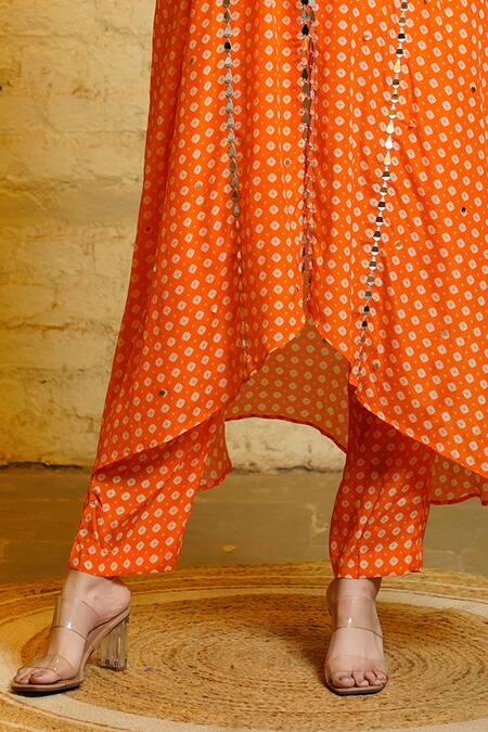 Sajeda A Lehry_Orange Silk Crepe Digital Printed Tarana Sequin Embroidered Kaftan And Pant Set_at_Aza_Fashions