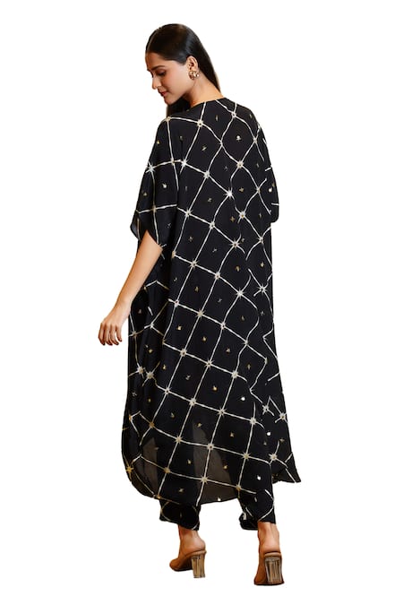 Sajeda A Lehry_Black Silk Crepe Digital Tarana Big Star Hand Embroidered Kaftan With Pant_Online_at_Aza_Fashions
