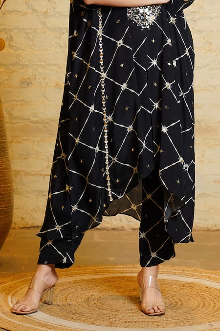 Buy_Sajeda A Lehry_Black Silk Crepe Digital Tarana Big Star Hand Embroidered Kaftan With Pant_Online_at_Aza_Fashions