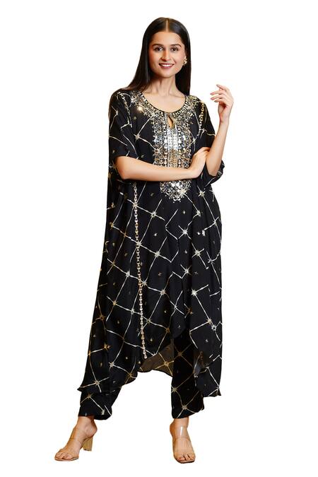 Shop_Sajeda A Lehry_Black Silk Crepe Digital Tarana Big Star Hand Embroidered Kaftan With Pant_Online_at_Aza_Fashions