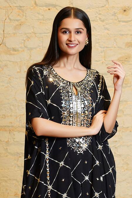 Sajeda A Lehry_Black Silk Crepe Digital Tarana Big Star Hand Embroidered Kaftan With Pant_at_Aza_Fashions