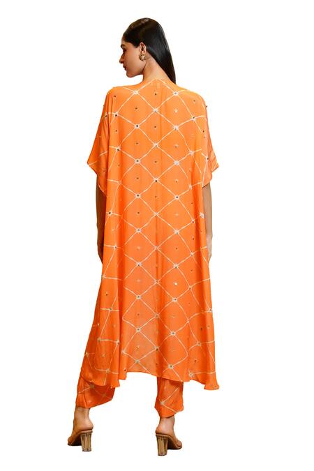Sajeda A Lehry_Orange Silk Crepe Digital Tarana Big Star Sequin Embroidered Kaftan And Pant Set_Online_at_Aza_Fashions