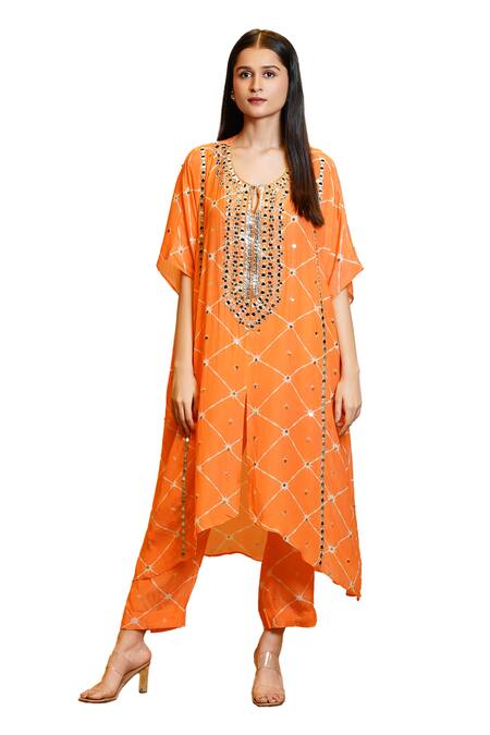 Buy_Sajeda A Lehry_Orange Silk Crepe Digital Tarana Big Star Sequin Embroidered Kaftan And Pant Set_Online_at_Aza_Fashions