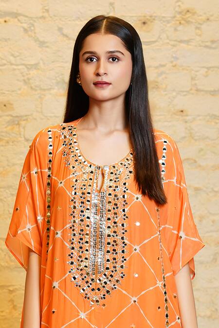 Shop_Sajeda A Lehry_Orange Silk Crepe Digital Tarana Big Star Sequin Embroidered Kaftan And Pant Set_Online_at_Aza_Fashions