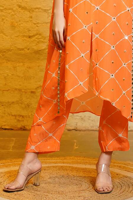 Sajeda A Lehry_Orange Silk Crepe Digital Tarana Big Star Sequin Embroidered Kaftan And Pant Set_at_Aza_Fashions