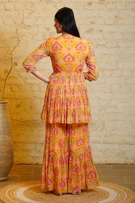 Shop Sajeda A Lehry Yellow Georgette Pearls, Embroidery, Zeenat Lotus Hand Kurta Sharara Set at Aza Fashions Shop_Sajeda A Lehry_Yellow Georgette Pearls, Embroidery, Zeenat Lotus Hand Kurta Sharara Set _at_Aza_Fashions