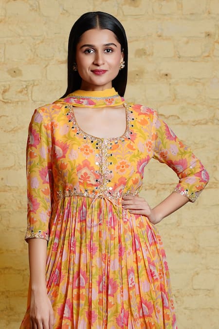 Sajeda A Lehry Yellow Georgette Pearls, Embroidery, Zeenat Lotus Hand Kurta Sharara Set Online at Aza Fashions Sajeda A Lehry_Yellow Georgette Pearls, Embroidery, Zeenat Lotus Hand Kurta Sharara Set _Online_at_Aza_Fashions