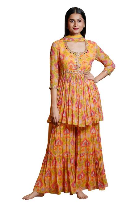 Buy Sajeda A Lehry Yellow Georgette Pearls, Embroidery, Zeenat Lotus Hand Kurta Sharara Set Online at Aza Fashions Buy_Sajeda A Lehry_Yellow Georgette Pearls, Embroidery, Zeenat Lotus Hand Kurta Sharara Set _Online_at_Aza_Fashions