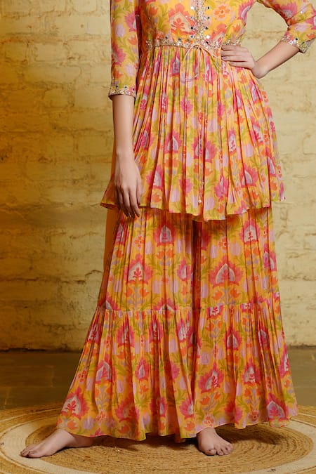Shop Sajeda A Lehry Yellow Georgette Pearls, Embroidery, Zeenat Lotus Hand Kurta Sharara Set Online at Aza Fashions Shop_Sajeda A Lehry_Yellow Georgette Pearls, Embroidery, Zeenat Lotus Hand Kurta Sharara Set _Online_at_Aza_Fashions
