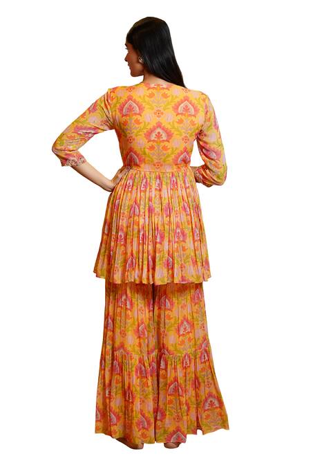 Sajeda A Lehry Yellow Georgette Pearls, Embroidery, Zeenat Lotus Hand Kurta Sharara Set at Aza Fashions Sajeda A Lehry_Yellow Georgette Pearls, Embroidery, Zeenat Lotus Hand Kurta Sharara Set _at_Aza_Fashions