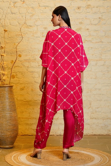 Shop Sajeda A Lehry Pink Silk Crepe Digital Printed Geometric Zoya Hand Embroidered Kaftan With Pant at Aza Fashions Shop_Sajeda A Lehry_Pink Silk Crepe Digital Printed Geometric Zoya Hand Embroidered Kaftan With Pant _at_Aza_Fashions