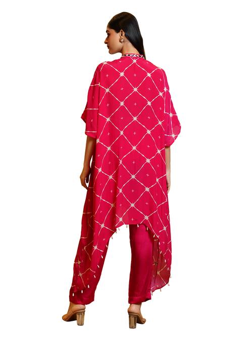Sajeda A Lehry Pink Silk Crepe Digital Printed Geometric Zoya Hand Embroidered Kaftan With Pant Online at Aza Fashions Sajeda A Lehry_Pink Silk Crepe Digital Printed Geometric Zoya Hand Embroidered Kaftan With Pant _Online_at_Aza_Fashions