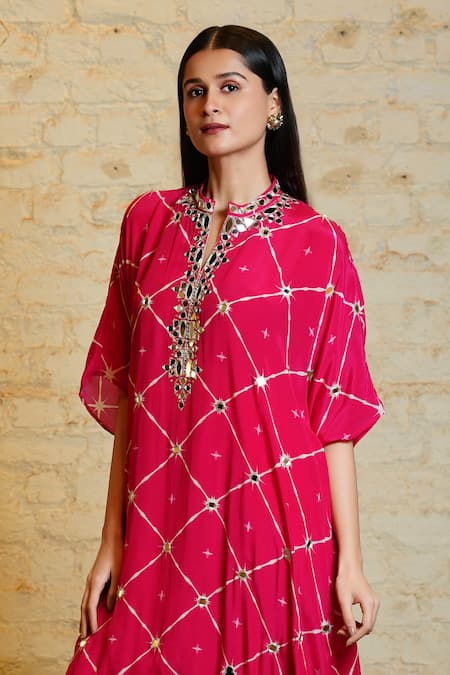 Buy Sajeda A Lehry Pink Silk Crepe Digital Printed Geometric Zoya Hand Embroidered Kaftan With Pant Online at Aza Fashions Buy_Sajeda A Lehry_Pink Silk Crepe Digital Printed Geometric Zoya Hand Embroidered Kaftan With Pant _Online_at_Aza_Fashions
