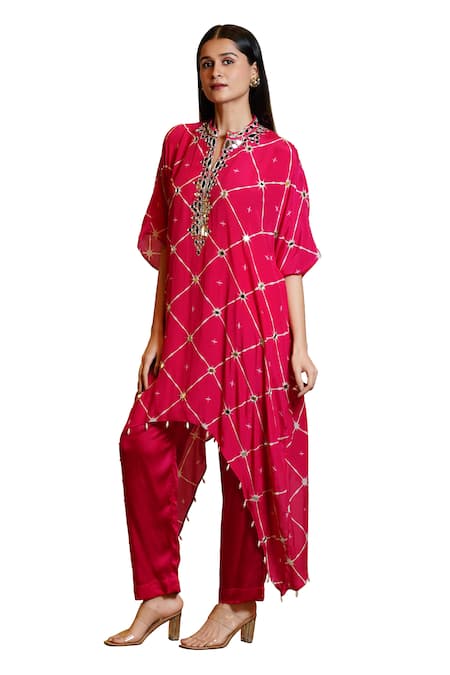 Shop Sajeda A Lehry Pink Silk Crepe Digital Printed Geometric Zoya Hand Embroidered Kaftan With Pant Online at Aza Fashions Shop_Sajeda A Lehry_Pink Silk Crepe Digital Printed Geometric Zoya Hand Embroidered Kaftan With Pant _Online_at_Aza_Fashions