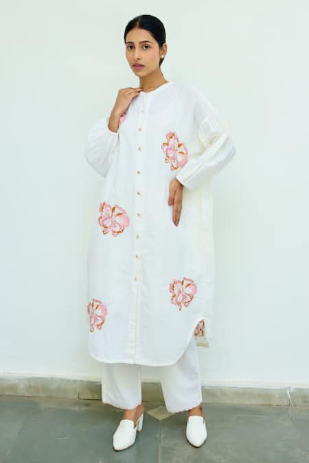 Ayaka White Cotton Hand Embroidery Floral Mandarin Collar Midi Dress Online at Aza Fashions Ayaka_White Cotton Hand Embroidery Floral Mandarin Collar Midi Dress _Online_at_Aza_Fashions