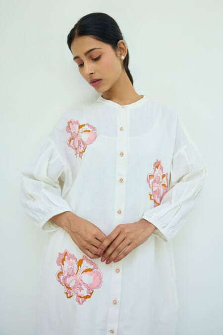 Buy Ayaka White Cotton Hand Embroidery Floral Mandarin Collar Midi Dress Online at Aza Fashions Buy_Ayaka_White Cotton Hand Embroidery Floral Mandarin Collar Midi Dress _Online_at_Aza_Fashions
