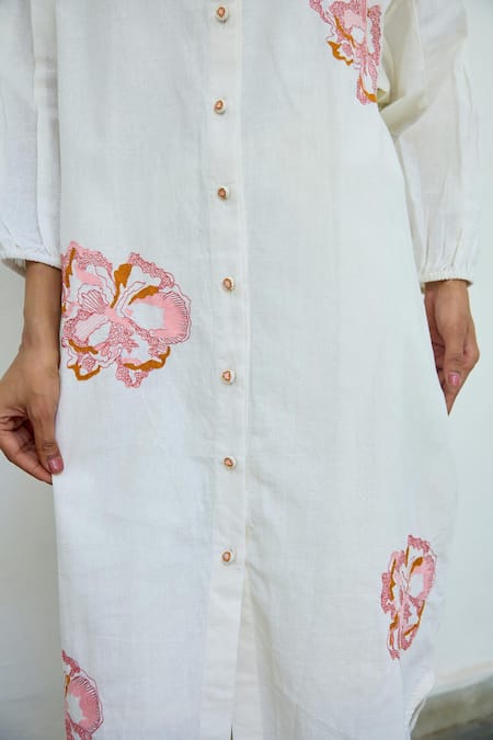 Shop Ayaka White Cotton Hand Embroidery Floral Mandarin Collar Midi Dress Online at Aza Fashions Shop_Ayaka_White Cotton Hand Embroidery Floral Mandarin Collar Midi Dress _Online_at_Aza_Fashions
