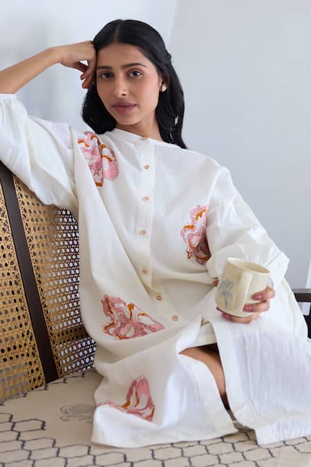 Ayaka White Cotton Hand Embroidery Floral Mandarin Collar Midi Dress at Aza Fashions Ayaka_White Cotton Hand Embroidery Floral Mandarin Collar Midi Dress _at_Aza_Fashions