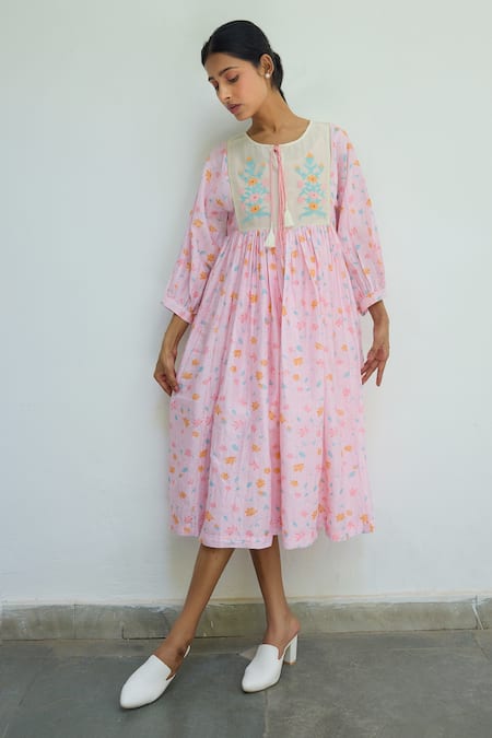 Ayaka Chanderi Floral Print Midi Dress 