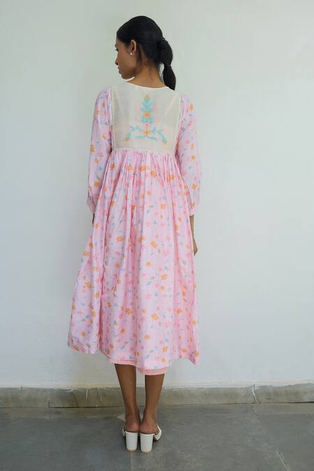 Shop Ayaka Pink Chanderi Print Floral Round Neck Midi Dress at Aza Fashions Shop_Ayaka_Pink Chanderi Print Floral Round Neck Midi Dress _at_Aza_Fashions