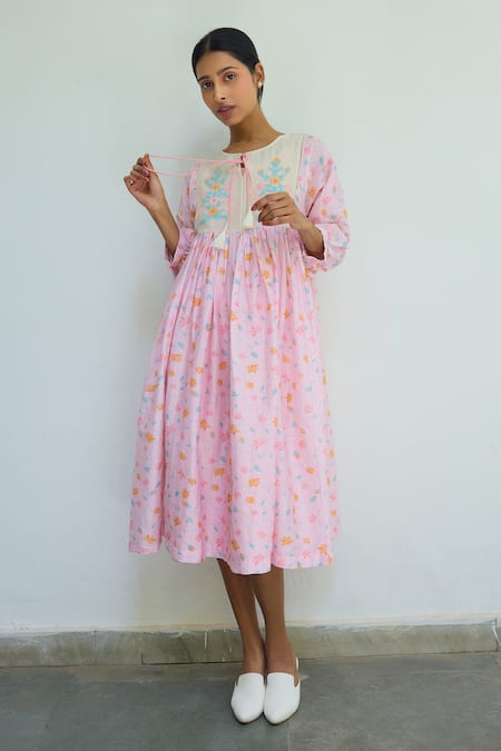 Ayaka Pink Chanderi Print Floral Round Neck Midi Dress Online at Aza Fashions Ayaka_Pink Chanderi Print Floral Round Neck Midi Dress _Online_at_Aza_Fashions