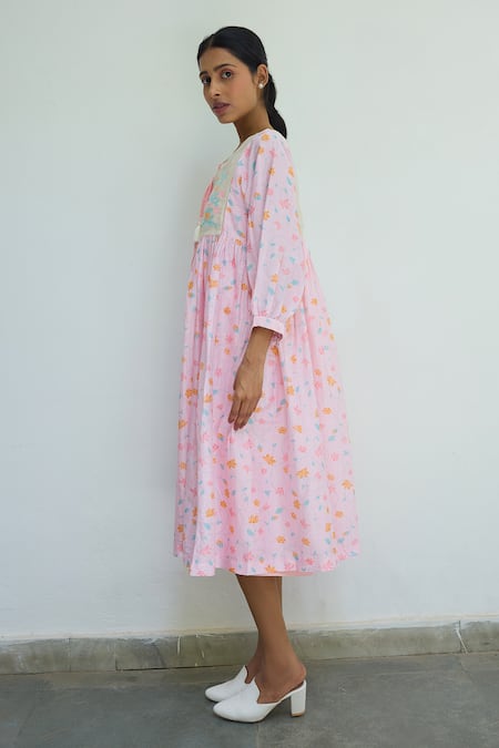 Buy Ayaka Pink Chanderi Print Floral Round Neck Midi Dress Online at Aza Fashions Buy_Ayaka_Pink Chanderi Print Floral Round Neck Midi Dress _Online_at_Aza_Fashions