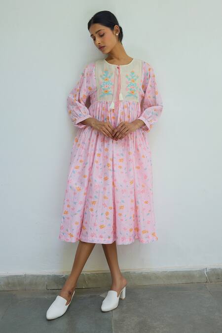 Shop Ayaka Pink Chanderi Print Floral Round Neck Midi Dress Online at Aza Fashions Shop_Ayaka_Pink Chanderi Print Floral Round Neck Midi Dress _Online_at_Aza_Fashions