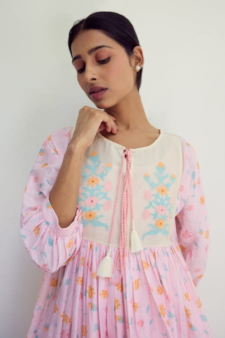 Ayaka Pink Chanderi Print Floral Round Neck Midi Dress at Aza Fashions Ayaka_Pink Chanderi Print Floral Round Neck Midi Dress _at_Aza_Fashions