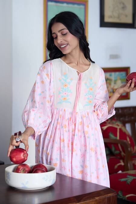 Buy Ayaka Pink Chanderi Print Floral Round Neck Midi Dress Buy_Ayaka_Pink Chanderi Print Floral Round Neck Midi Dress
