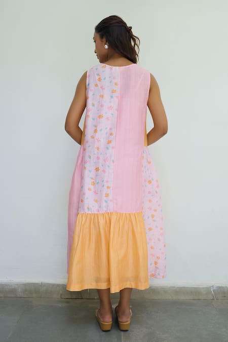 Shop Ayaka Multi Color Chanderi Print Floral Round Neck Patchwork Midi Dress at Aza Fashions Shop_Ayaka_Multi Color Chanderi Print Floral Round Neck Patchwork Midi Dress _at_Aza_Fashions