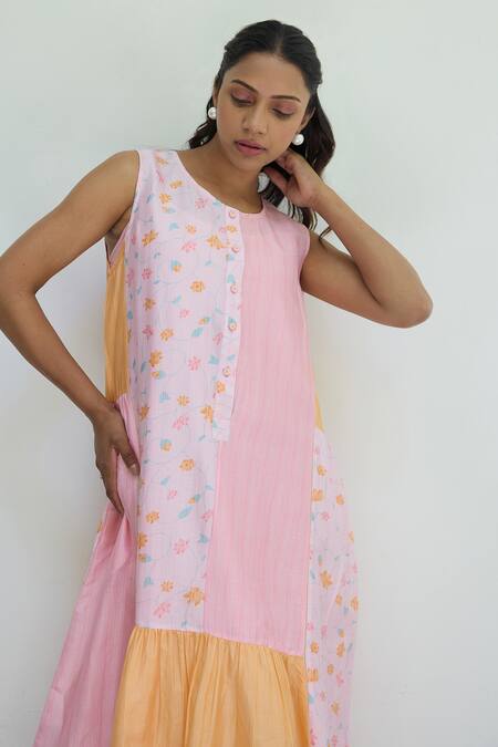 Ayaka Multi Color Chanderi Print Floral Round Neck Patchwork Midi Dress Online at Aza Fashions Ayaka_Multi Color Chanderi Print Floral Round Neck Patchwork Midi Dress _Online_at_Aza_Fashions