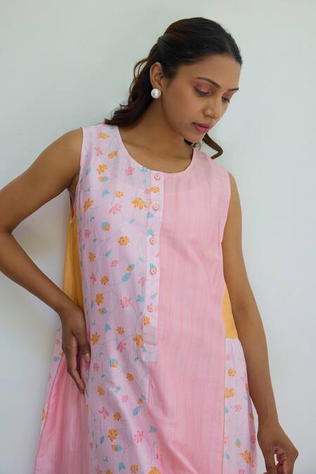 Buy Ayaka Multi Color Chanderi Print Floral Round Neck Patchwork Midi Dress Online at Aza Fashions Buy_Ayaka_Multi Color Chanderi Print Floral Round Neck Patchwork Midi Dress _Online_at_Aza_Fashions