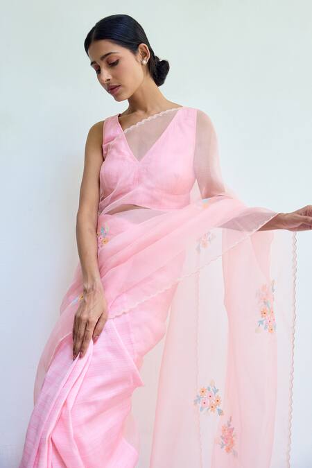 Shop Ayaka Pink Silk Organza Embroidery Floral Saree Online at Aza Fashions Shop_Ayaka_Pink Silk Organza Embroidery Floral Saree _Online_at_Aza_Fashions