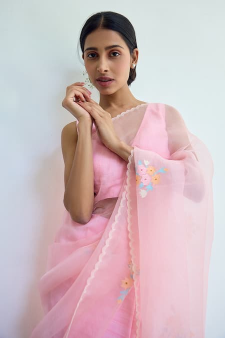Ayaka Pink Silk Organza Embroidery Floral Saree at Aza Fashions Ayaka_Pink Silk Organza Embroidery Floral Saree _at_Aza_Fashions