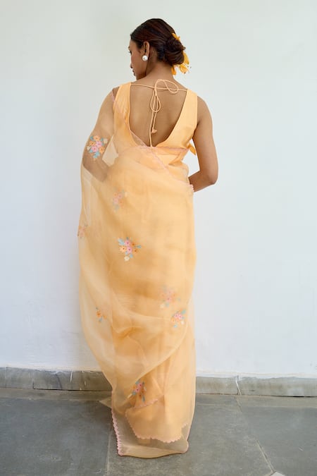 Shop_Ayaka_Orange Silk Organza Embroidery Floral Saree _at_Aza_Fashions
