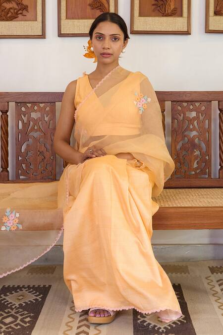 Ayaka_Orange Silk Organza Embroidery Floral Saree _Online_at_Aza_Fashions