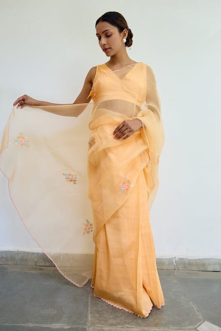 Buy_Ayaka_Orange Silk Organza Embroidery Floral Saree _Online_at_Aza_Fashions