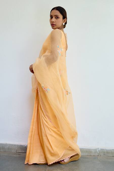 Shop_Ayaka_Orange Silk Organza Embroidery Floral Saree _Online_at_Aza_Fashions