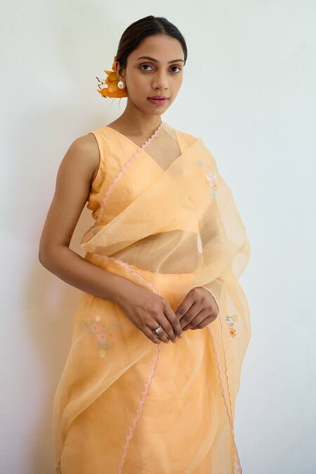 Ayaka_Orange Silk Organza Embroidery Floral Saree _at_Aza_Fashions