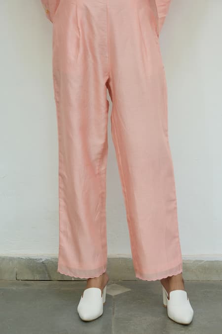 Shop Ayaka Pink Chanderi Hand Embroidery Thread Straight Pants With Scallop Hem at Aza Fashions Shop_Ayaka_Pink Chanderi Hand Embroidery Thread Straight Pants With Scallop Hem _at_Aza_Fashions