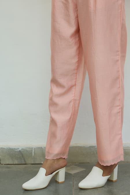 Ayaka Pink Chanderi Hand Embroidery Thread Straight Pants With Scallop Hem Online at Aza Fashions Ayaka_Pink Chanderi Hand Embroidery Thread Straight Pants With Scallop Hem _Online_at_Aza_Fashions