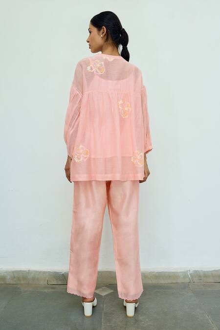 Shop Ayaka Pink Top Mul Chanderi Hand Embroidery Floral Top Round at Aza Fashions Shop_Ayaka_Pink Top Mul Chanderi Hand Embroidery Floral Top Round _at_Aza_Fashions