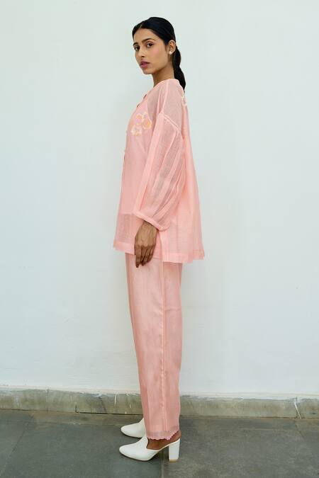 Buy Ayaka Pink Top Mul Chanderi Hand Embroidery Floral Top Round Online at Aza Fashions Buy_Ayaka_Pink Top Mul Chanderi Hand Embroidery Floral Top Round _Online_at_Aza_Fashions