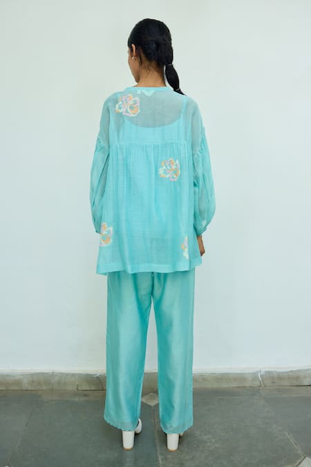 Shop Ayaka Blue Mul Chanderi Hand Embroidery Floral Top Round Sheer at Aza Fashions Shop_Ayaka_Blue Mul Chanderi Hand Embroidery Floral Top Round Sheer _at_Aza_Fashions