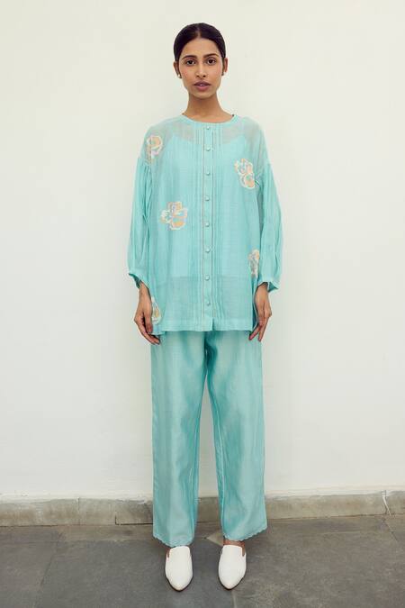 Ayaka Blue Mul Chanderi Hand Embroidery Floral Top Round Sheer Online at Aza Fashions Ayaka_Blue Mul Chanderi Hand Embroidery Floral Top Round Sheer _Online_at_Aza_Fashions