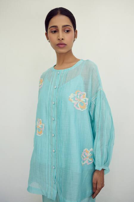 Shop Ayaka Blue Mul Chanderi Hand Embroidery Floral Top Round Sheer Online at Aza Fashions Shop_Ayaka_Blue Mul Chanderi Hand Embroidery Floral Top Round Sheer _Online_at_Aza_Fashions