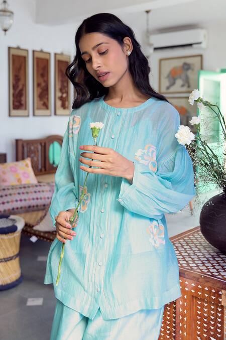 Ayaka Blue Mul Chanderi Hand Embroidery Floral Top Round Sheer at Aza Fashions Ayaka_Blue Mul Chanderi Hand Embroidery Floral Top Round Sheer _at_Aza_Fashions