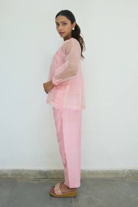 Ayaka Pink Silk Organza Hand Embroidery Flower Top Round Yoke Online at Aza Fashions Ayaka_Pink Silk Organza Hand Embroidery Flower Top Round Yoke _Online_at_Aza_Fashions