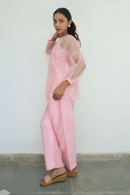 Buy Ayaka Pink Silk Organza Hand Embroidery Flower Top Round Yoke Online at Aza Fashions Buy_Ayaka_Pink Silk Organza Hand Embroidery Flower Top Round Yoke _Online_at_Aza_Fashions