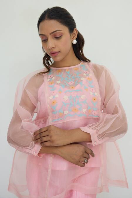 Shop Ayaka Pink Silk Organza Hand Embroidery Flower Top Round Yoke Online at Aza Fashions Shop_Ayaka_Pink Silk Organza Hand Embroidery Flower Top Round Yoke _Online_at_Aza_Fashions